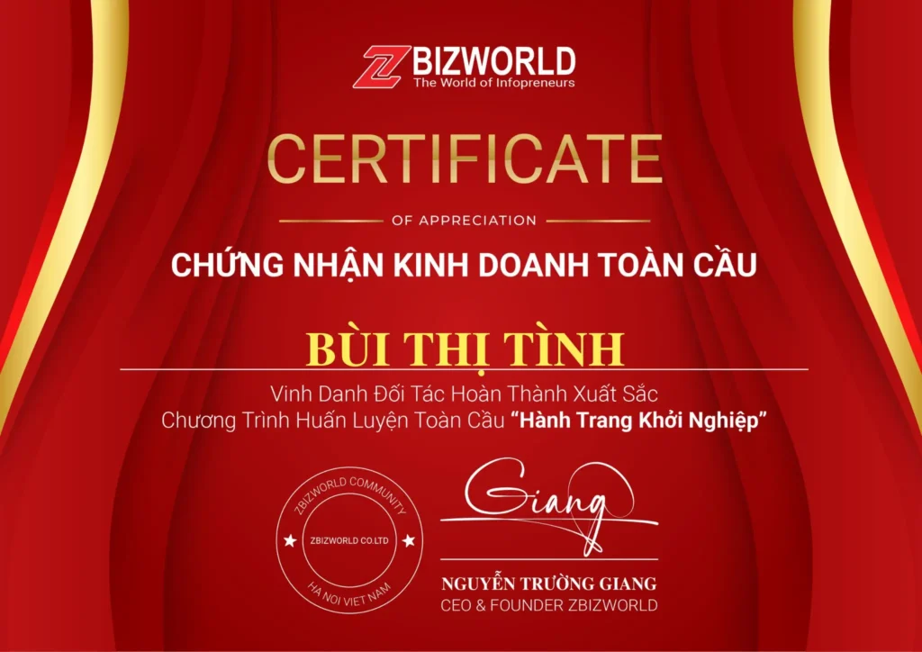 Chứng nhận Hành Trang Khởi Nghiệp của Bùi Thị Tình